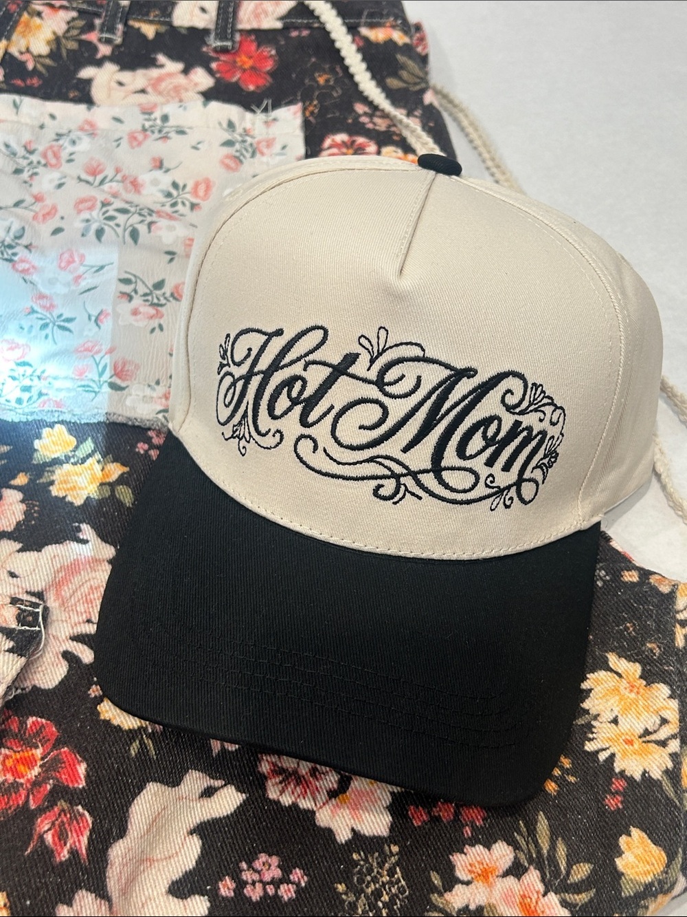 Hot Mom Embroidered Cream and Black Trucker Hat adults one size adjustable new